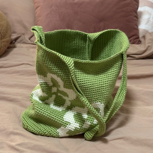 Y2K Green Floral Knit Tote Bag - Picture 3 of 5
